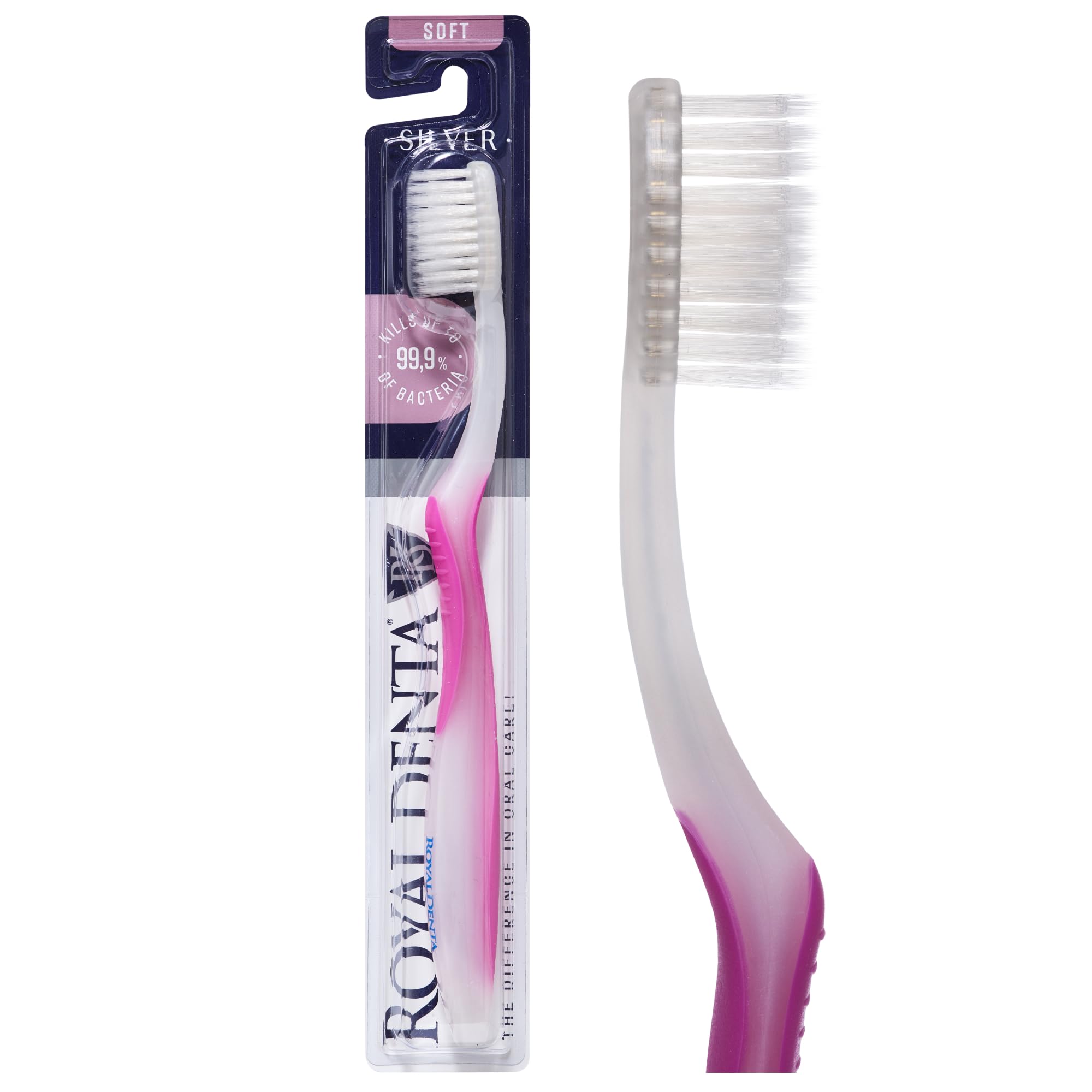 Royal Denta Soft Toothbrush for Adults, Dual Length Soft Bristles for Sensitive Teeth & Gums, Silver-Infused Manual Toothbrush for Whitening, Flossing and Braces, Ergonomic Grip Handle (Pink)