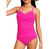 Doumlop Girls Tankini Swimsuit 2 Piece Criss Cross Bathing Suit Contrast Trim Ruched Girls' Swimwear for 9-16Y