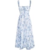 Women Summer Dresses Vintage Square Neck Adjustable Bust Floral Dress Short Sleeve A-Line Dress Strap