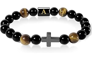 YOTHIWAD Initials Bracelets for Men Letters Bracelet Natural Tiger Eye Black Onyx Beaded Stretch Bracelet Handmade Jewelry Gift for Men