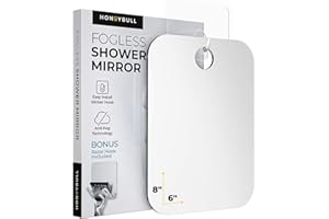 HONEYBULL Fogless Shower Mirror for Shaving – Anti-Fog Acrylic Mirror with Razor Holder, No-Drill Wall Mount, Flat Design for Steam Showers, Medium 6x8in
