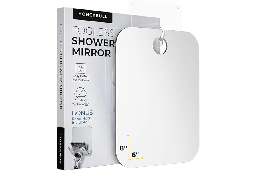 HONEYBULL Fogless Shower Mirror for Shaving – Anti-Fog Acrylic Mirror with Razor Holder, No-Drill Wall Mount, Flat Design for Steam Showers, Medium 6x8in