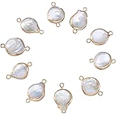 FASHEWELRY 10Pcs Natural Pearl Connector Charms Flat Round Pearl Charm Links Pendants Summer Beach Ocean Charms with Gold Edge Wrapped for Jewelry Making Supplies Crafts DIY
