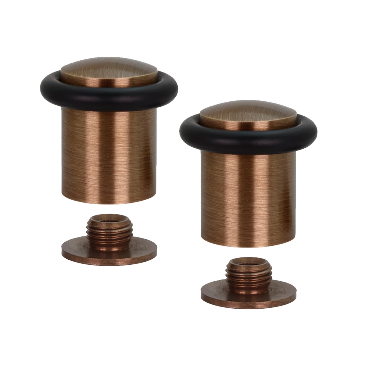 EVI Herrajes | Pack of 2 Door Stops | Ø24x35mm | Brass Aged Brushed Finish | Threaded Base | Black Silicone Protector | Includes Tools | Mod. I-13824X35CU