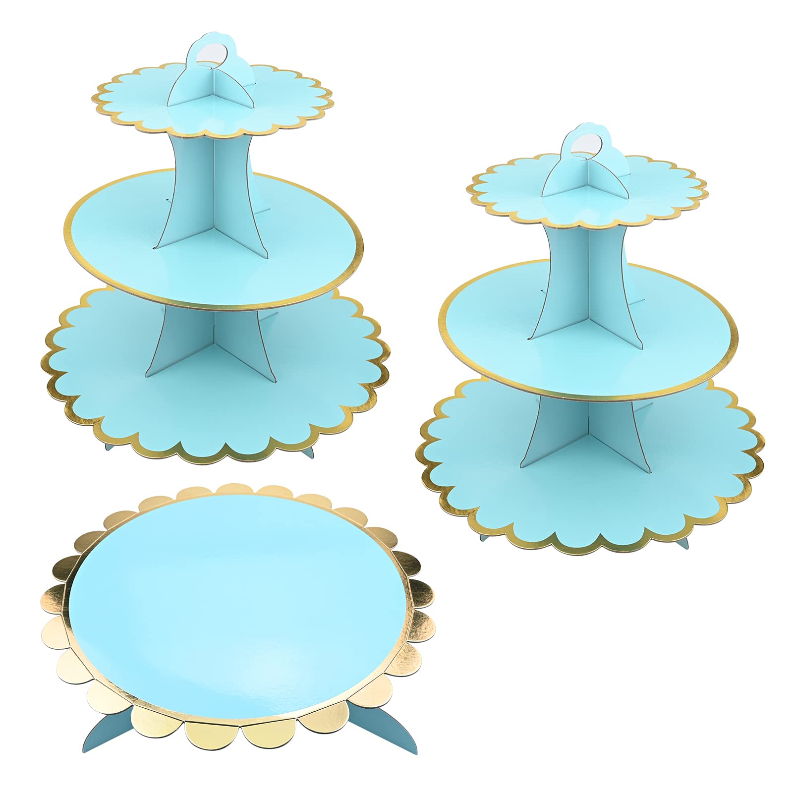 SIMDAO 3 Pack Cardboard Cupcake Stand, 3 Tier Dessert Tower and 1Tier Cake Stand for Birthday, Baby Shower, Wedding, Party, Dessert Stand Round Tower, Display Stand for Cakes (Round Blue)