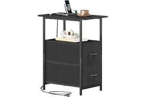 Somdot Narrow End Table with Charging Station, 24.4" Tall Side Table with 2 Fabric Drawers, Skinny Nightstand for Small Space