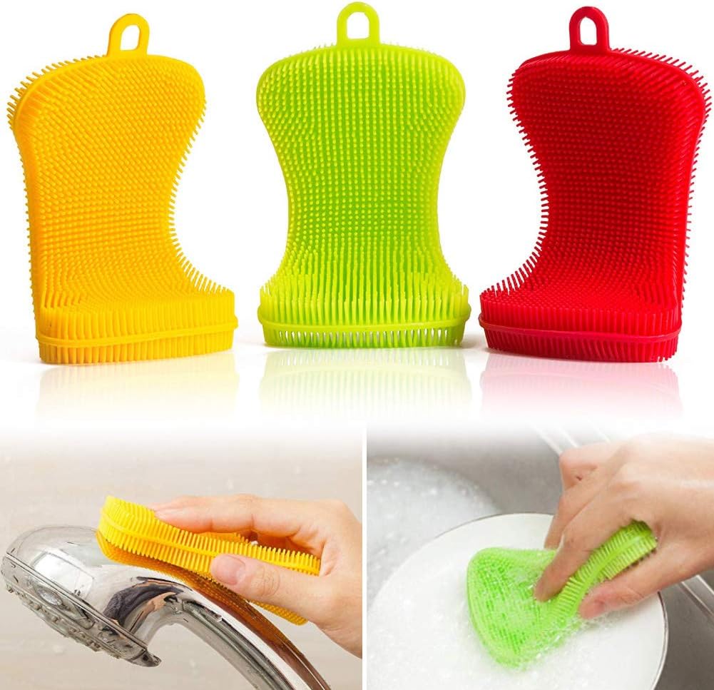 wiFndTu Kitchen Silicone Soap Shape, 3Pcs Anti-Bacterial Cleaning Scrubber Pot Holder Multipurpose Dish-Washing Mildew Free Brush for Dish Vegetables Baby Bottles