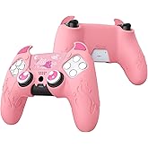PlayVital Halloween Cute Demon Controller Silicone Case for ps5, Kawaii Controller Cover Gamepad Skin Protector for ps5 with Touch Pad Sticker & Thumb Grip Caps - Pink