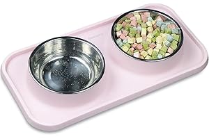 Gentledog Waterproof Cat Food Bowls, Removable Stainless Steel Pet Double Bowls Set, Non-Skid and Non-Spill Raised Edge, Food and Water Bowls for Cat and Puppy(Pink)