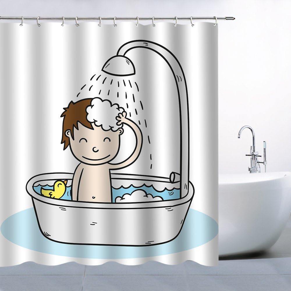 Amazon Com Amfd Boy Bathing In Bathtub White Background Cartoon Print Character Theme Simple Shower Curtain Tapestry Polyester Fabric Waterproof 70 X 70 Inches Include Hooks Home Kitchen