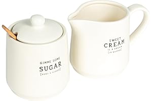 Creative Co-Op Charming Stoneware Creamer & Sugar Pot Set with Spoon, White