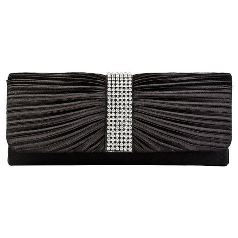 Eleoption Womens Satin Diamante Ladies Pleated Bow Wedding Bridal Prom Handbag Clutch Bag, Black(Size: X-Large)