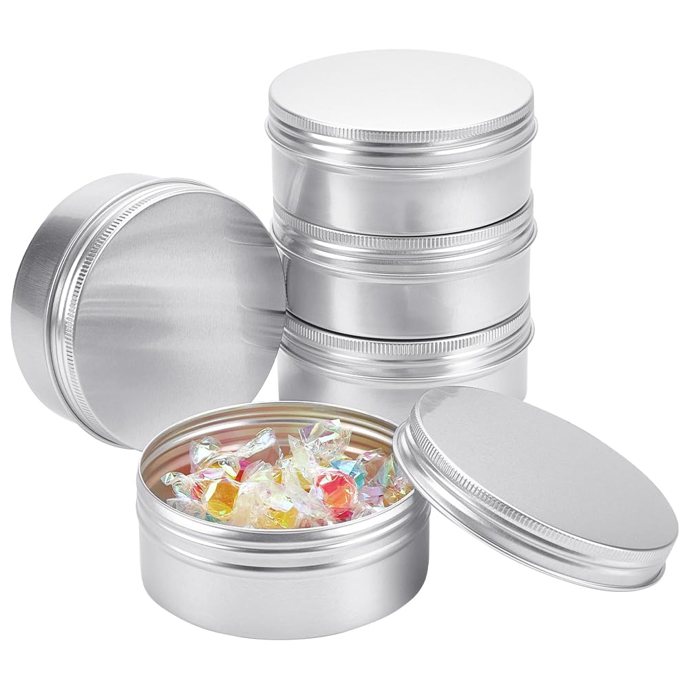 BENECREAT 5 Pcs 250ml Aluminum Tin Jars, Round Aluminum Tin Cans Cosmetic Containers with Screw Lid for DIY Crafts Candle Travel Storage-Platinum