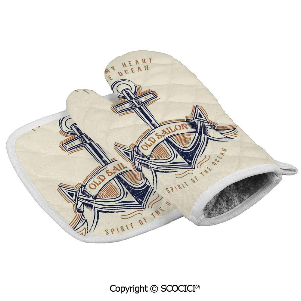SCOCICI Oven Glove Microwave Glove Old Sailor Spirit Sign Firmly ed to The Ocean Illustration in Vintage Barbecue Glove Kitchen Cooking Bake Heat Resistant Glove Combination