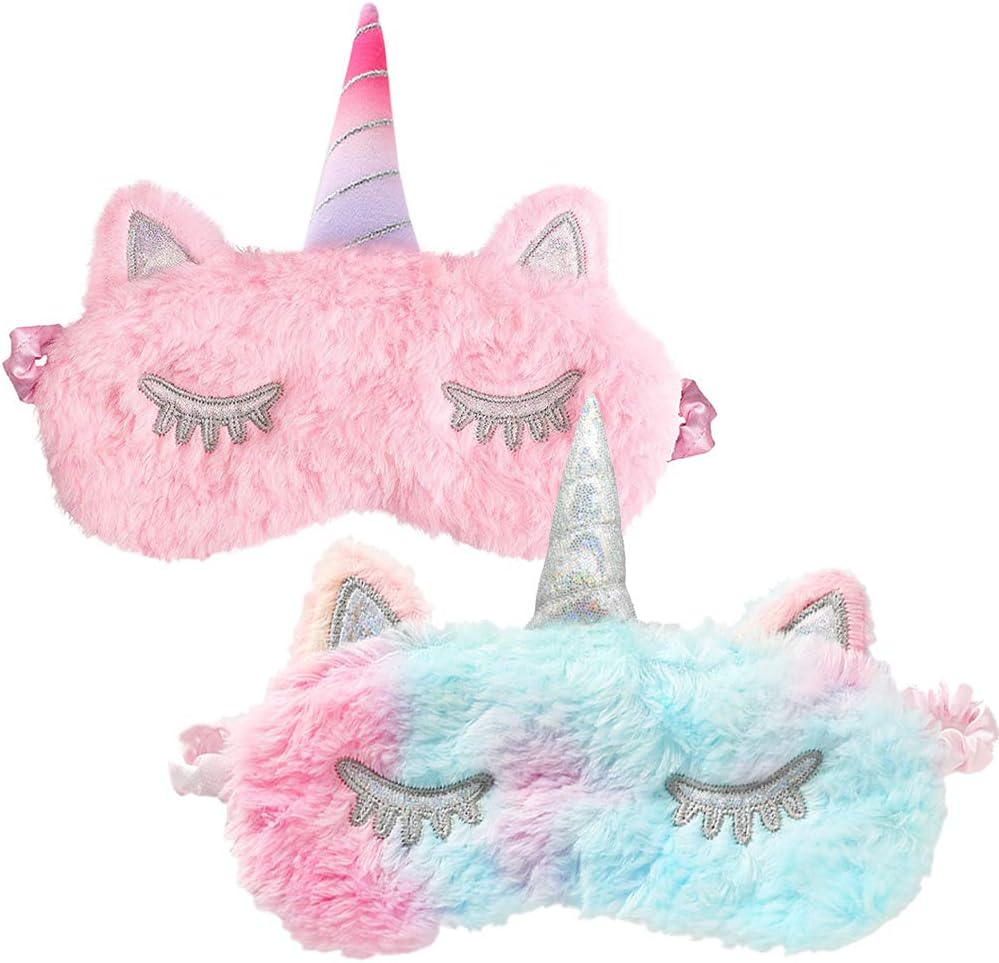 Shinywear Cute Animal Eye Mask Soft Plush Sleep Masks for Women Girls Kids Funny Horned Sleeping Eye Shade Cover Blinder Home Traveling (2 Pcs Rainbow Sleep Unicorns)