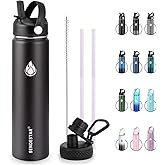 SENDESTAR Insulated Water Bottle 24 OZ, Wide Mouth 24 oz Water Bottle with Straw Lid, Spout Lid, Double Wall Vacuum Stainless Steel Leak Proof, Keeps Liquids Hot or Cold (Black)