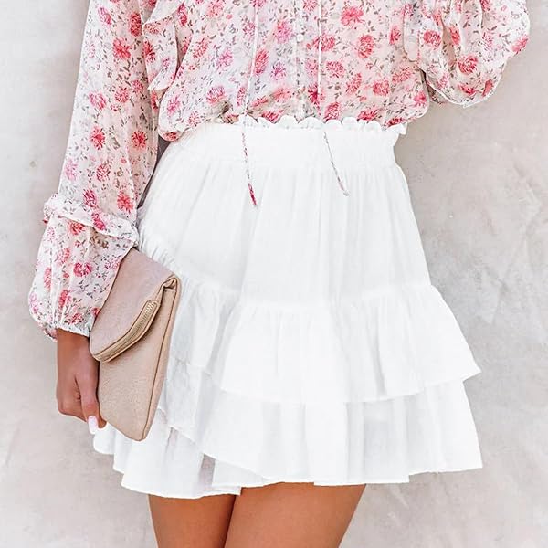AOUDERY FLOWY SHORTS FOR WOMEN CASUAL RUFFLE TIERED SKORTS HIGH WAIST MINI TENNIS GOLF SKIRT BOHO SUMMER SHORTS – WHITE S