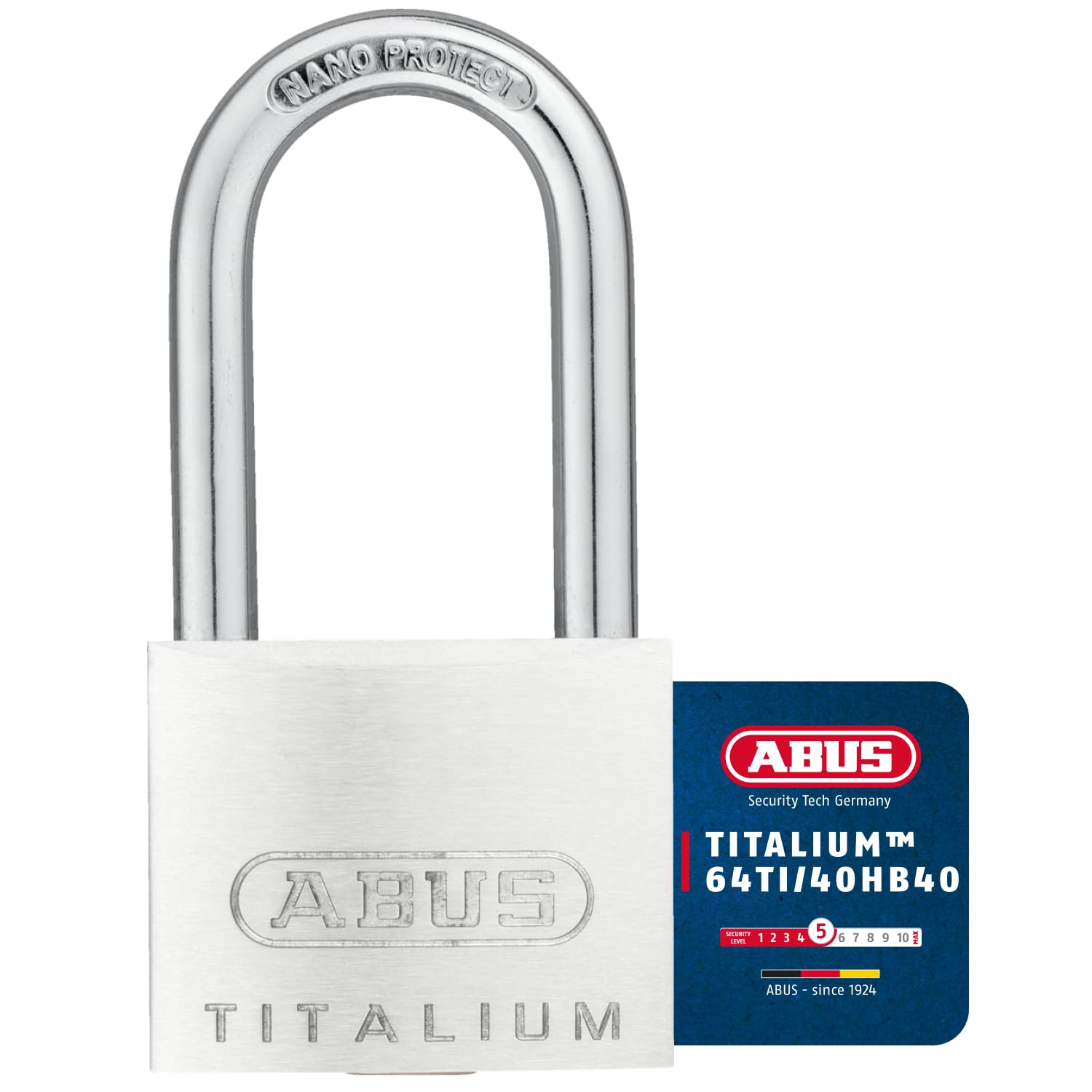 ABUS Padlock Titalium 64TI/40HB40 gl.-6411 - keyed Alike and with high Shackle - Basement Lock with Lock Body Made of Special Aluminium - ABUS Security Level 5