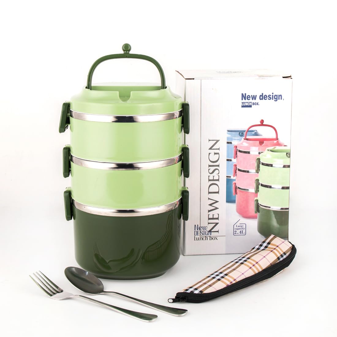 SANQIAHOME Stainless Steel Lunch Box, 2400ml Bento with Spoon Fork,Stackable 3 Layer, Compartments Leak Proof, for Adults Kids Students Office Microwave, Container Meal Prep Containe, Green