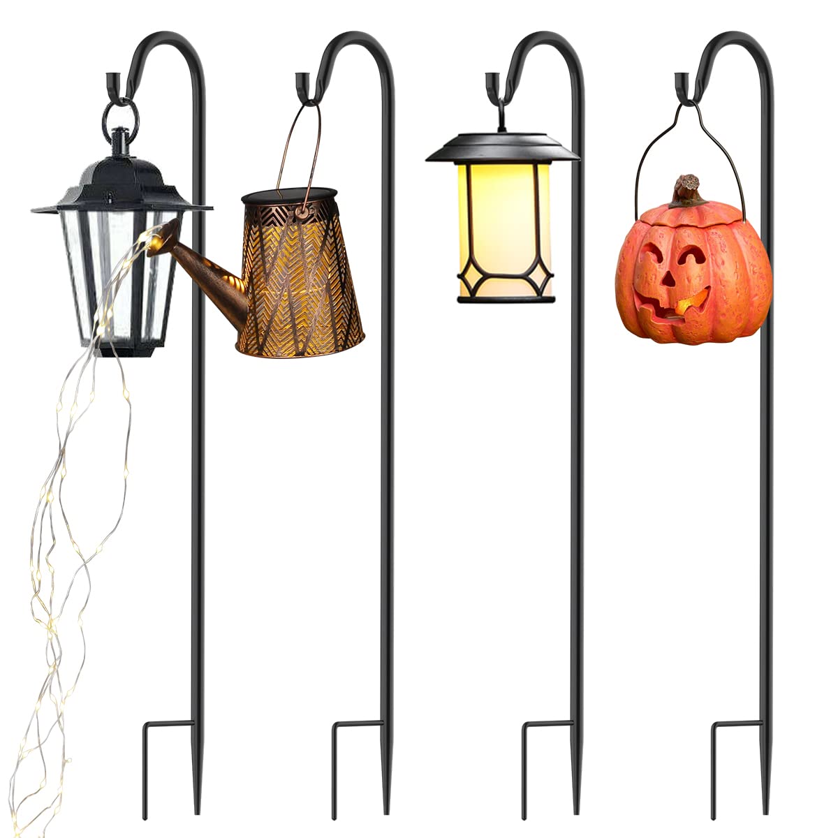 QIZENME Adjustable Height Shepherd Crook Hooks,Set of 4 Festoon Pole with Base,3 Threaded Fittings Black Metal Garden Border Hook for String Lights,Flower Ball,Plant Baskets -76 cm/29.64 in