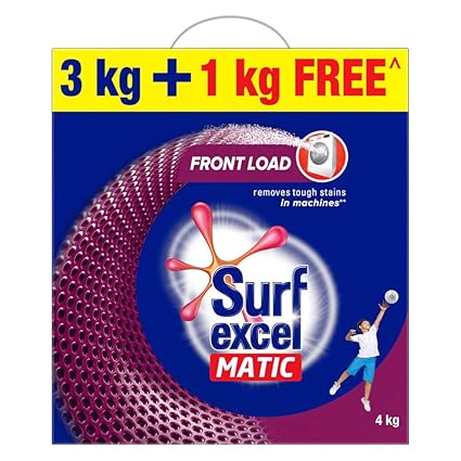 Surf Excel Matic Front Load Detergent Washing Powder, Specially Designed For Tough Stain Removal In Front Load Machines, 3+1 Kg Free