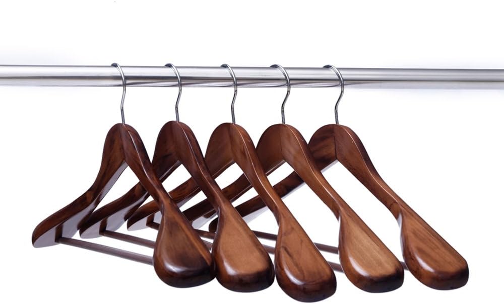 Ezihom Clothes Hangers Gugertree Wooden Suit Hangers with Extra-Wide Shoulder, Retro Finish, Wood Coat Hangers, Pant Hangers, 5pcs/Pack