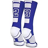 ChalkTalkSPORTS Custom Team Number Crew Socks | Youth & Adult Athletic Socks Blue | Choose Your Number