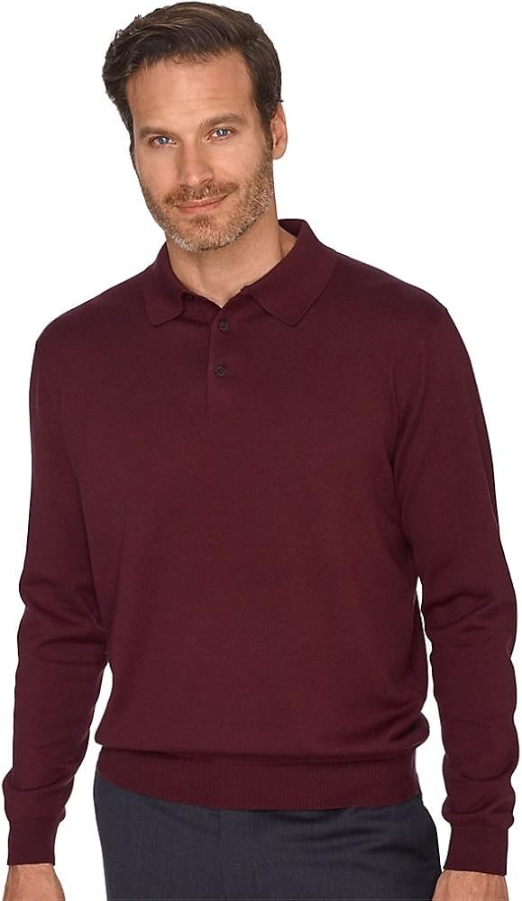 Paul Fredrick Men's Silk, Cotton, \ Cashmere Polo Collar Sweater Wine