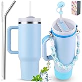 Sanilinwild 40 oz Tumbler Insulated Mug w/Straw & Flip Cap Lids - Cup Holder Bottle with 6 Accessories Set for Hot, Cold Drink - Leak-Proof - Water, Coffee Portable Travel Mug (Sky Blue)