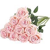 Nubry Artificial Silk Rose Flower Bouquet Lifelike Fake Rose for Wedding Home Party Decoration Event Gift 10pcs (Light Pink)