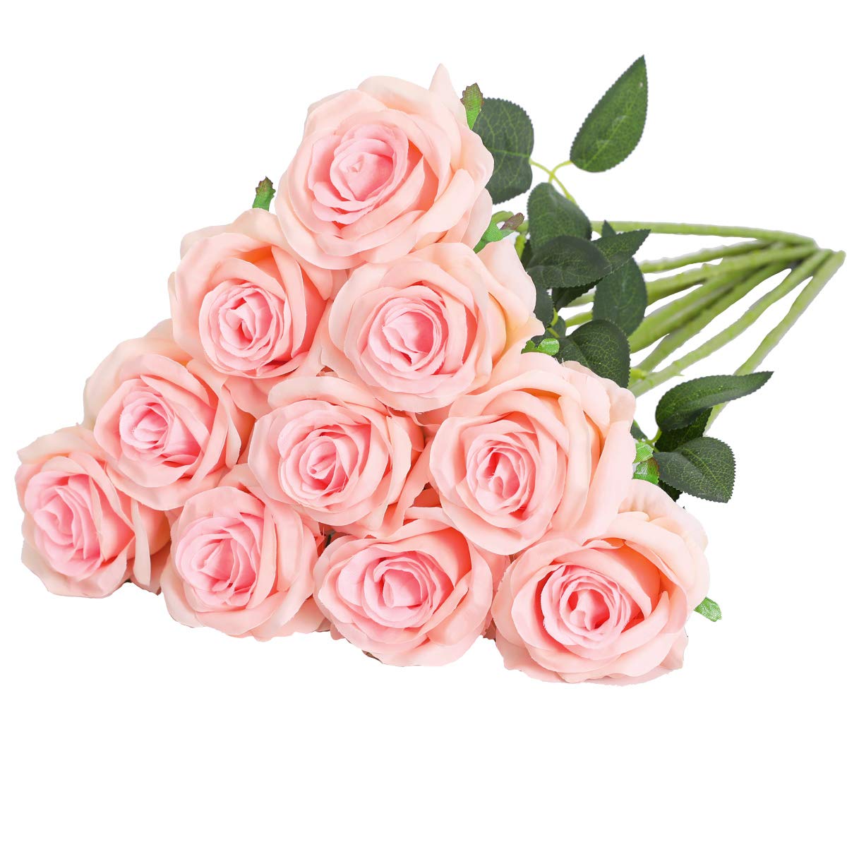 Nubry Artificial Silk Rose Flower Single Stem Lifelike Fake Rose for Wedding Bouquet Floral Arrangements Home Party Centerpiece Decoration, 10pcs (Light Pink)