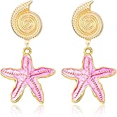 QLYOVWE Dainty Starfish Earrings for Women 14K Gold Plated Sea Shell Enamel Dangle Earrings Retro Chic Summer Vacation Beach Jewelry Gifts