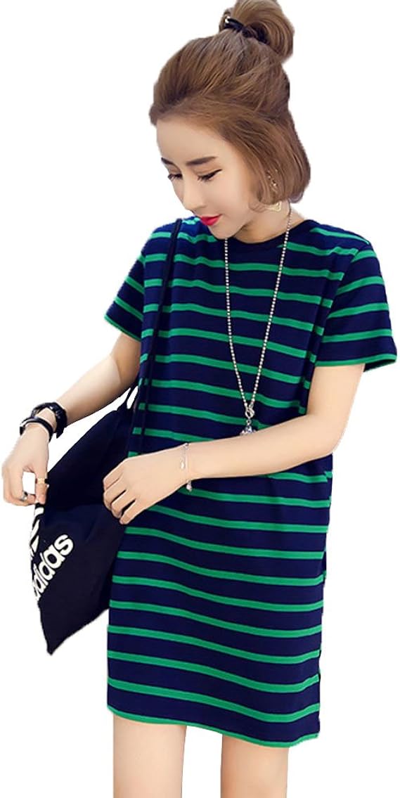 Amazon ストライプのドレスの女性の夏18新しい韓国の緩いロングtシャツワンピースは薄いストレートカジュアルな学生でした ワンピース チュニック 通販