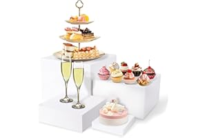 BIEOFFEI Buffet Risers White Food Risers for Buffet Table, Acrylic Food Display Stand Shelf for Catering Dessert Party Decor, Square Cube Display Base with Hollow Bottoms, 4 PCS 5" 6" 7" 8"