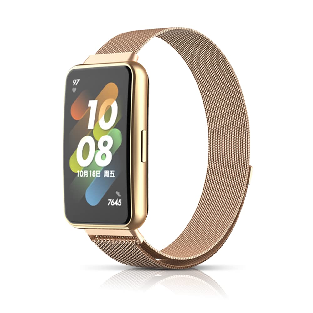 Niboow Strap Compatible with Huawei Band 7, Men Women Magnet Stainless Steel Metal Watch Bands Compatible with Huawei Band 7 - Rose Gold