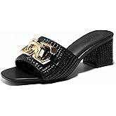Coutgo Womens Raffia Slide Sandals Chunky Block Heeled Square Open Toe Metal Chain Slip on Mules Dressy Shoes
