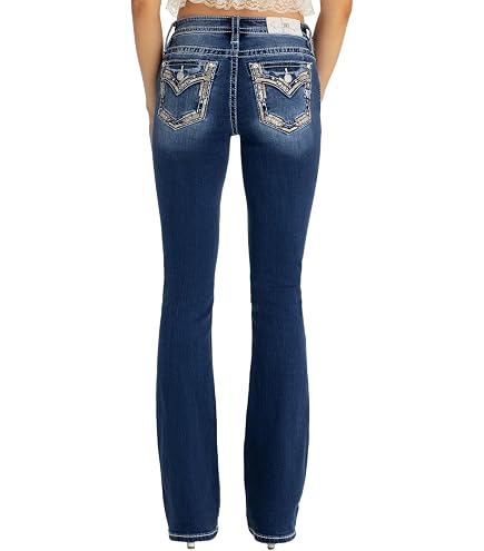 【hitomin】Y2K✨Miss Me スキニーデニムパンツ スタッズ Miss Me Women's Aztec Stitch Mid-Rise Bootcut Jeans (Dark Blue
