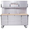 SINDA 72 Inch Rolling Tool Chest Tool Box Mobile Tool Workbench Garage Tool Storage Cabinet Large Rolling Lockable Tool Box with Wood Top, 15 Drawers + 3 Upper Cabinets