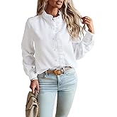 Pinclodly Womens Button Down Shirt Stand Collar Ruffle Top Striped Long Sleeve Shirts Work Tops for Women Trendy