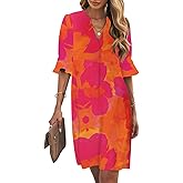 Wkior Shift Dress for Women V Neck Short Sleeves Solid Color Casual Flowy Summer Dresses(S-2XL)