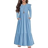 HOSIKA Girls Fall Ruffle Long Sleeve Crew Neck Loose Casual Flowy Tiered Maxi Dress with Pockets for 6-12 Y