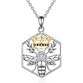 YAFEINI Bee Necklace Queen Bee Pendant Honeycomb 925 Sterling Silver Crown Jewelry Gifts for Women Girls