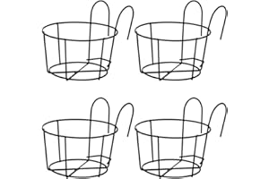 FIREBOOMOON 4 Pack Small Round Metal Hanging Railing Planters,Hanging Railing Planter Flower Pot Holder Basket Iron Art Rack Fence Shelf Container for Balcony,Garden,Indoor and Outdoor (Black)