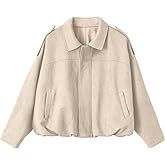 EVALESS Womens Faux Suede Bomber Jackets Long Sleeve Spring Coats Zip Up Cropped Jacket Trendy Outerwear with Pockets