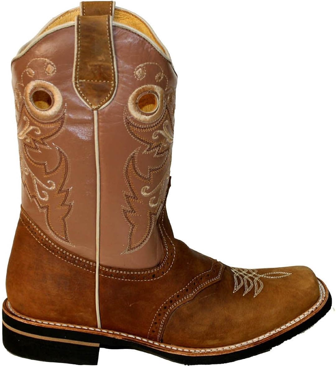 Men Cowboy Genuine Cowhide Leather Square Toe Rodeo