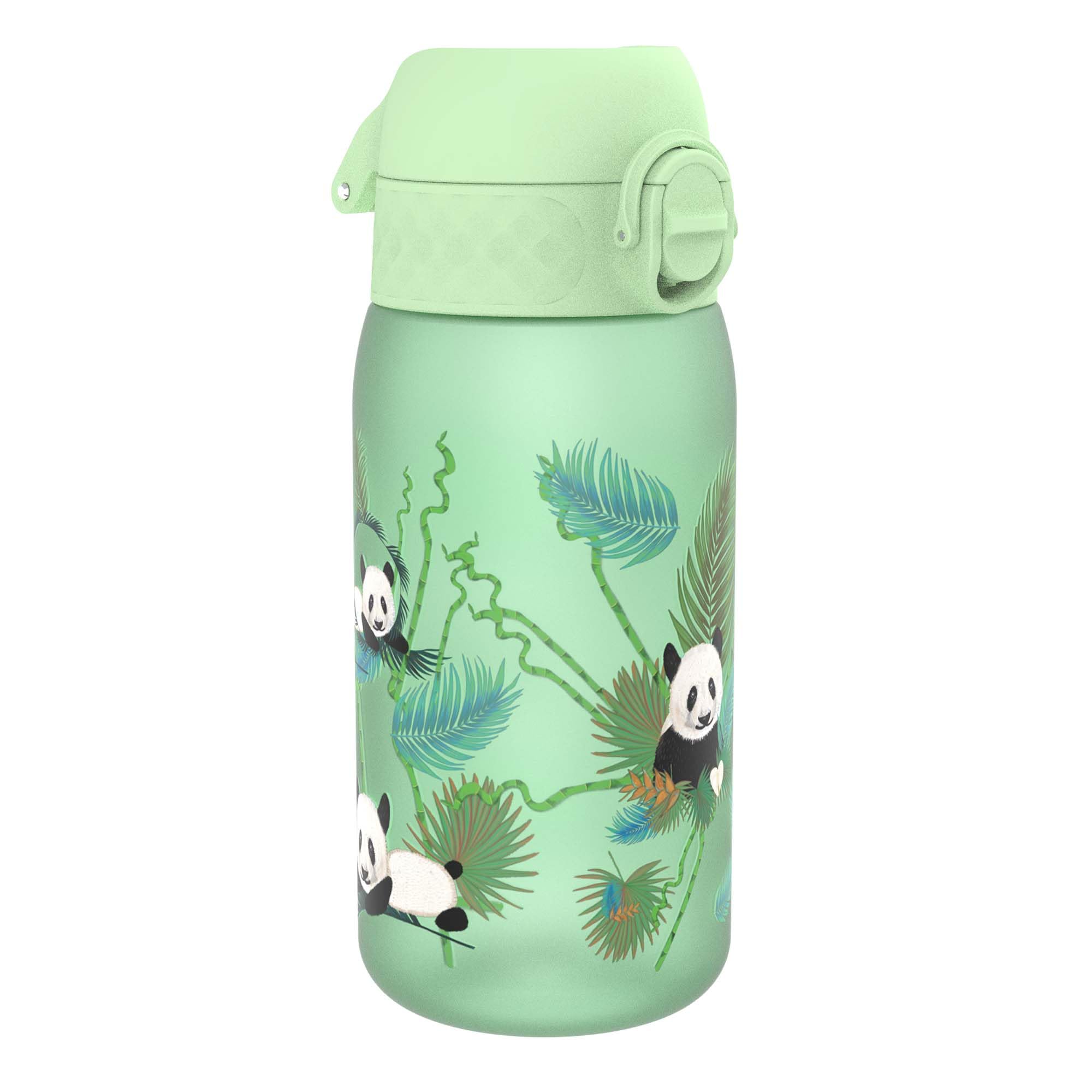 Ion8 Kids Water Bottle, 350 ml/12 oz, Leak Proof, Easy to Open, Secure Lock, Dishwasher Safe, BPA Free, Carry Handle, Hygienic Flip Cover, Easy Clean, Odour Free, Carbon Neutral, Green, Pandas