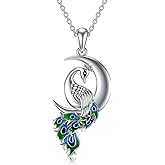 LONAGO Peacock Moon Crystal Necklace 925 Sterling Silver Crescent Half Moon Cremation Urn Ashes Pendant Peafowl Lover Jewelry Gifts for Women