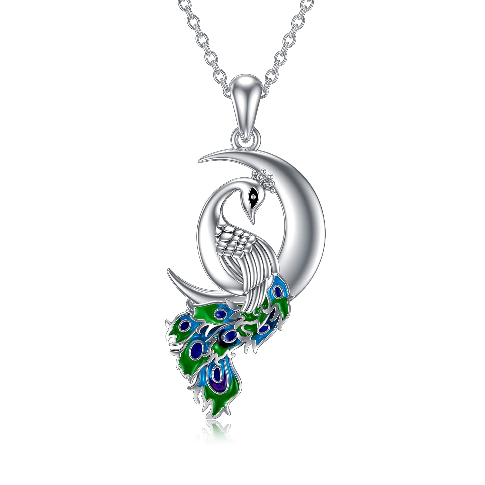 MBSUUH Peacock Moon Necklace 925 Sterling Silver Crescent Moon Peacock Lover Pendant Jewellery Gifts for Women