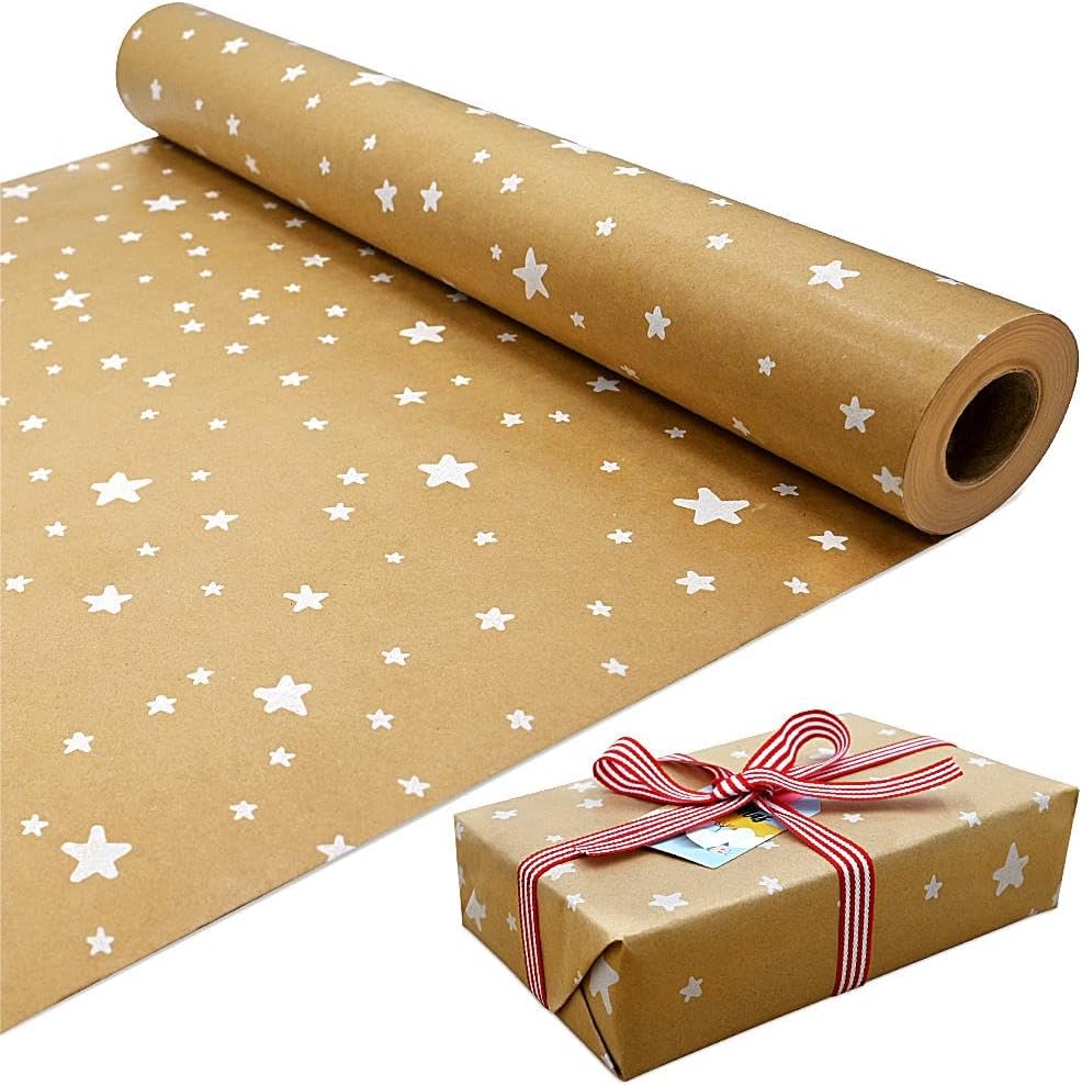 ADQUATOR Kraft White Star Wrapping Paper 15m x 43cm Eco Recyclable