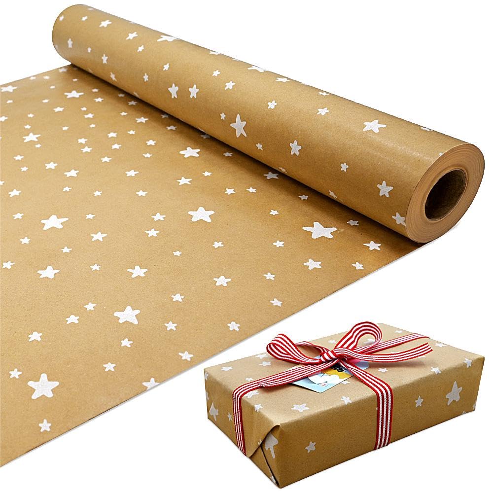 15m Roll of Kraft White Star Wrapping Paper Roll,100% Recyclable ECO Gift For Birthday Present Party Christmas Decorations(15m x 43cm)
